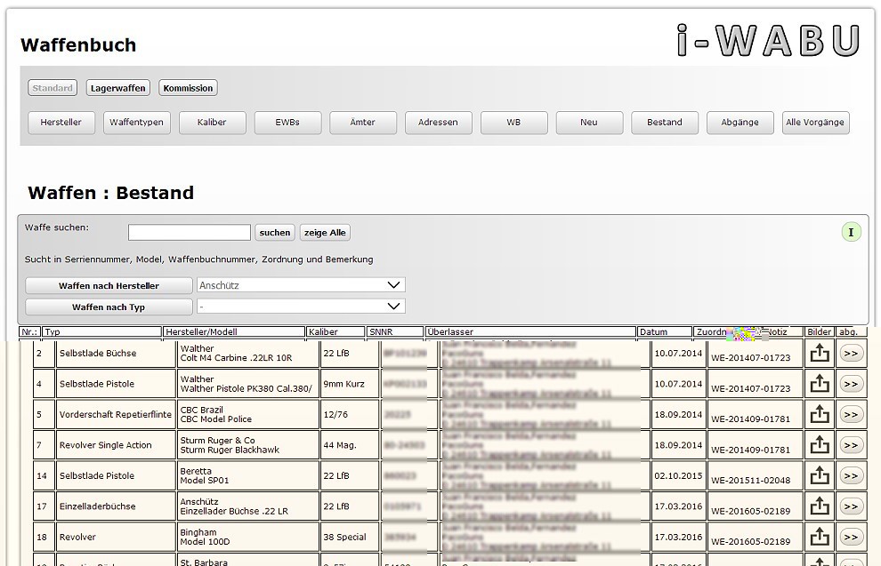 Screen Waffenbuch Bestand